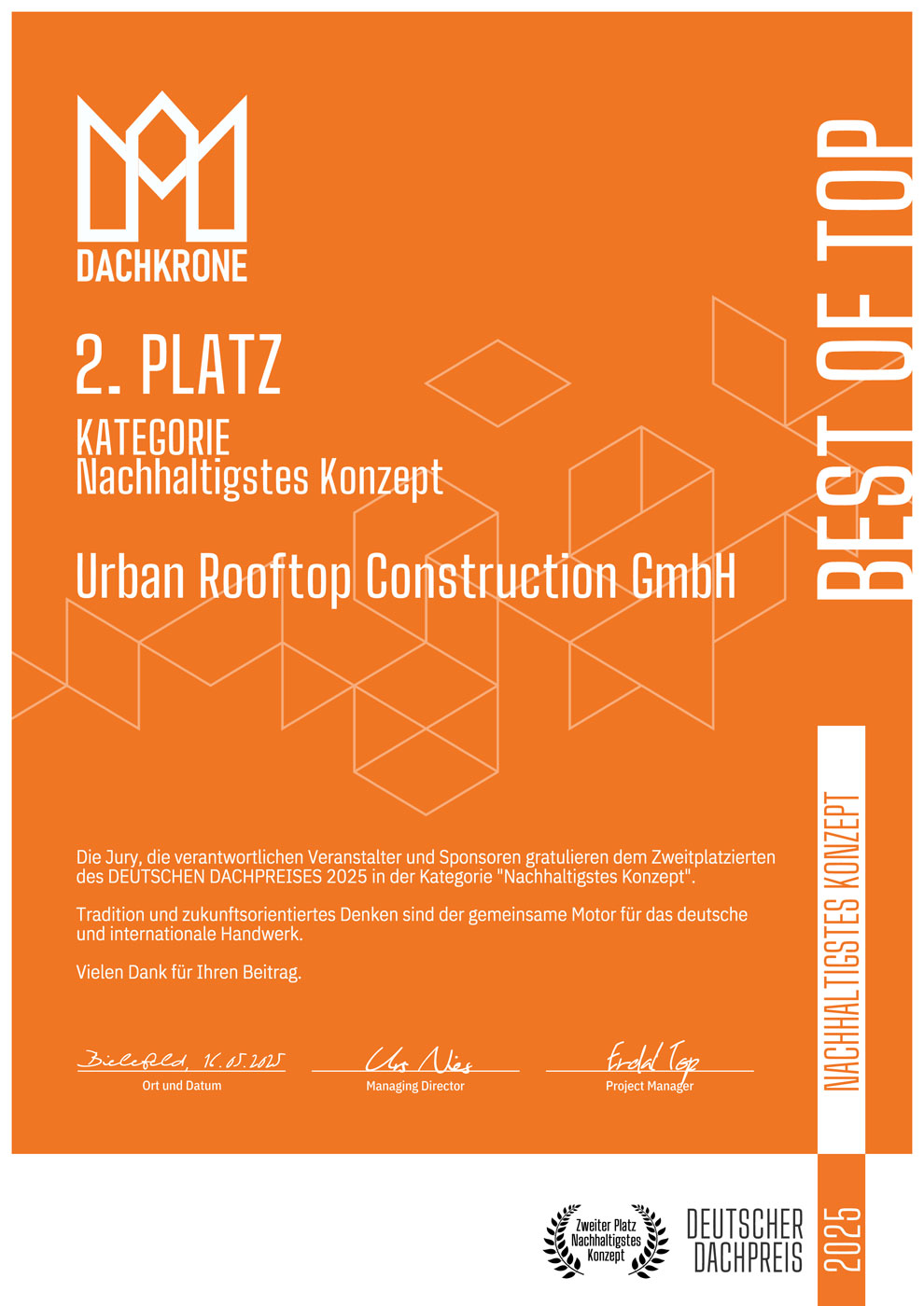 Urkunde | DACHKRONE 2025 – Urban Rooftop Construction erhält den 2. Platz in der Kategorie "Nachhaltiges Konzept"